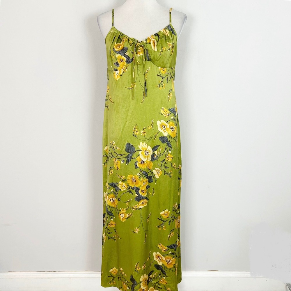 Women's Slip Maxi Dress Chartreuse Green Floral Satin Tie Front Size XL Women